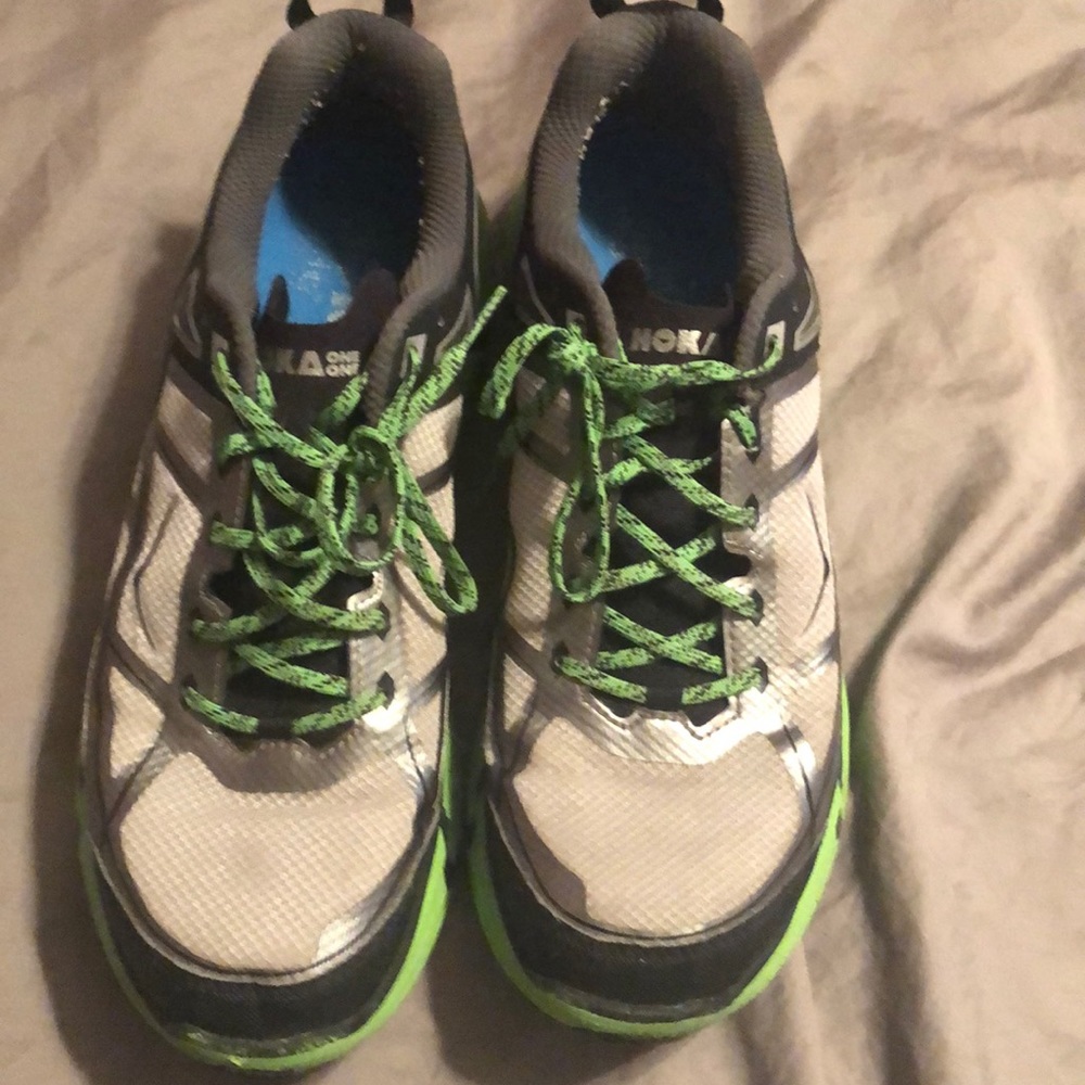 Grey/black/green Hoka running shoes